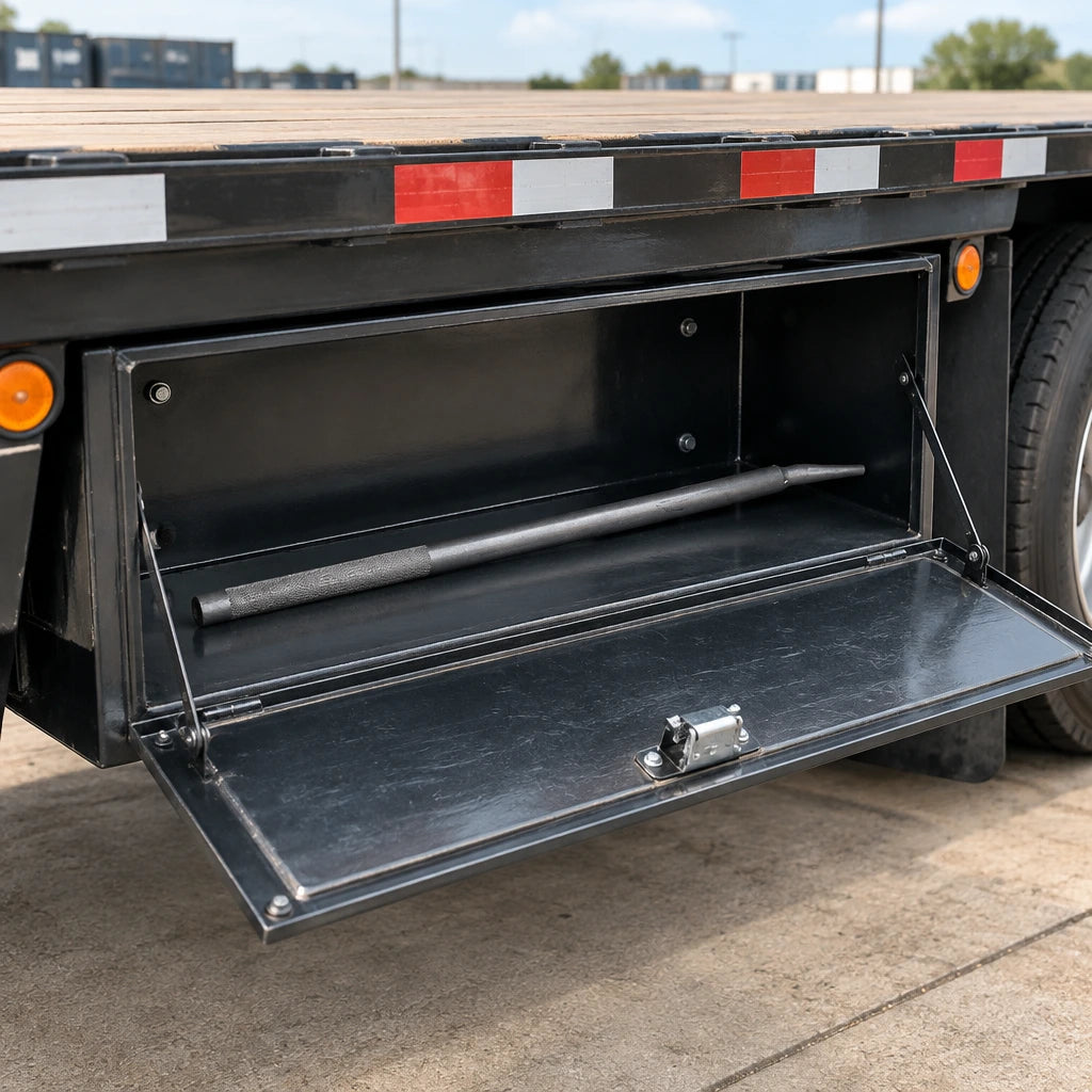 Atlas steel winch bar resting in a flatbed truck’s side tool compartment at a clean freight yard.