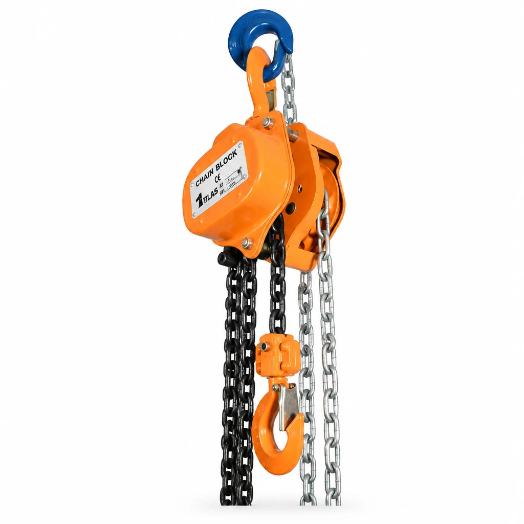 Atlas orange manual chain block with upper and lower hooks, black hand chain and silver load chain on a white background.