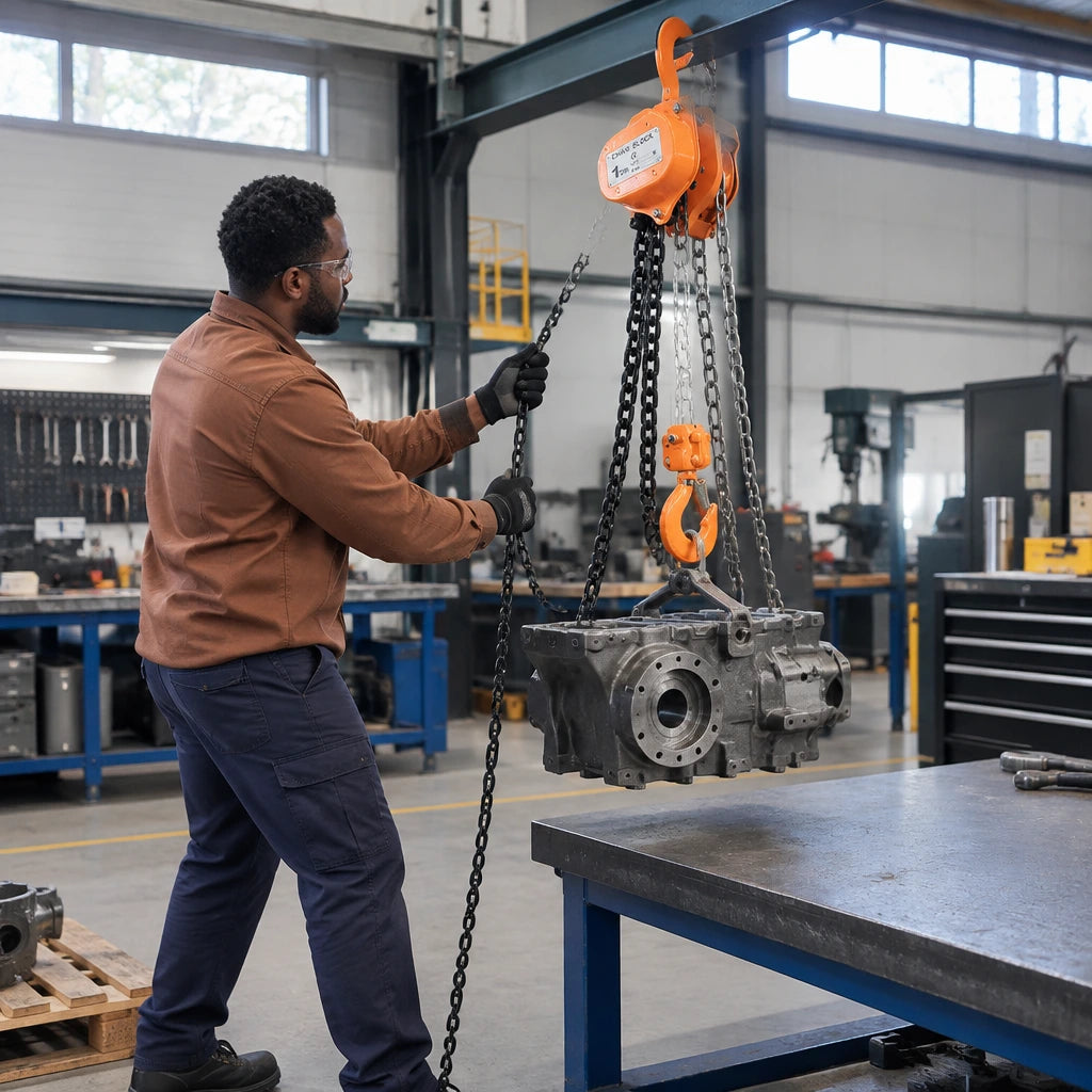 African American fabrication technician using an Atlas manual chain block to raise a steel component onto a workshop bench.