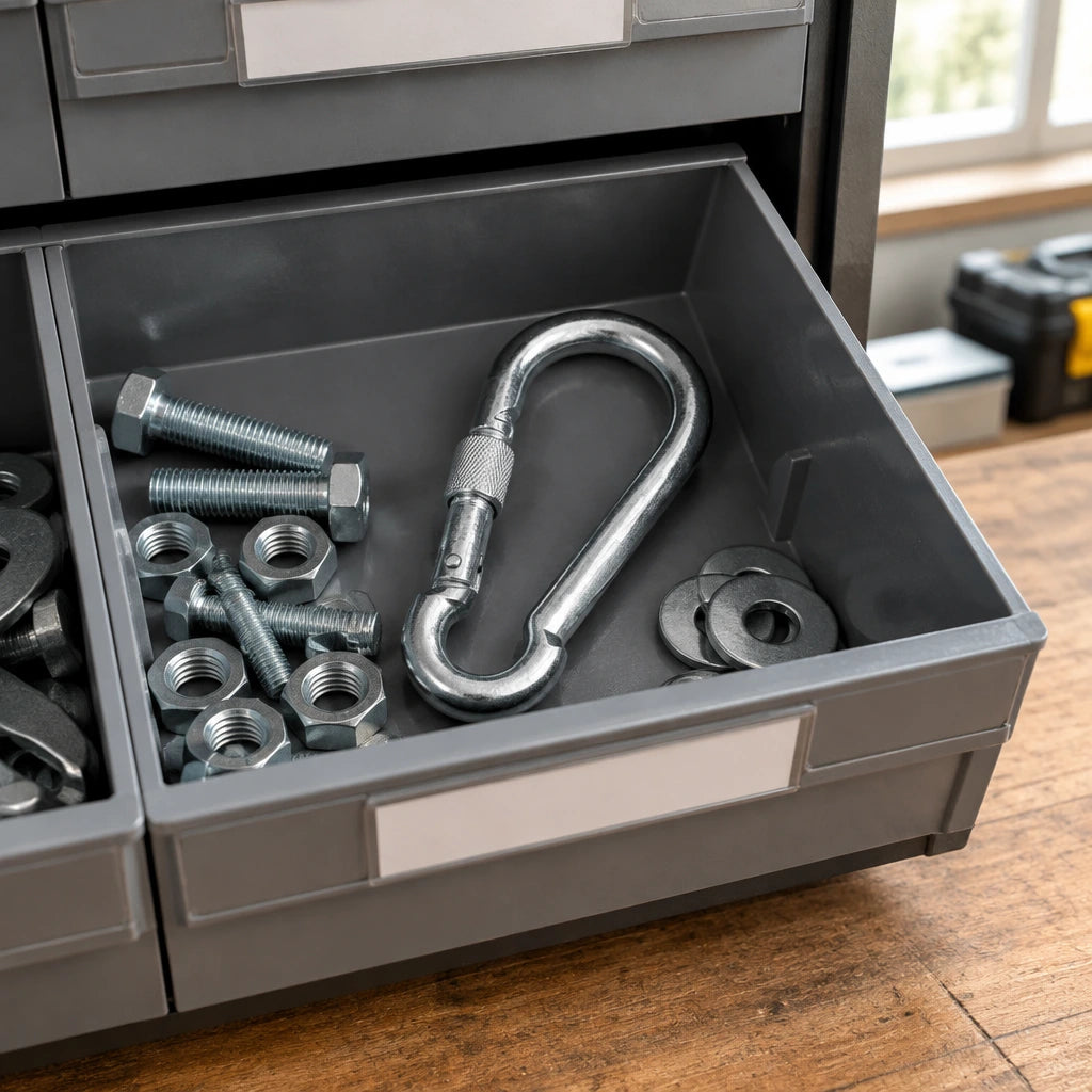 Atlas screw-lock snap hook resting in an organised facility-maintenance hardware drawer