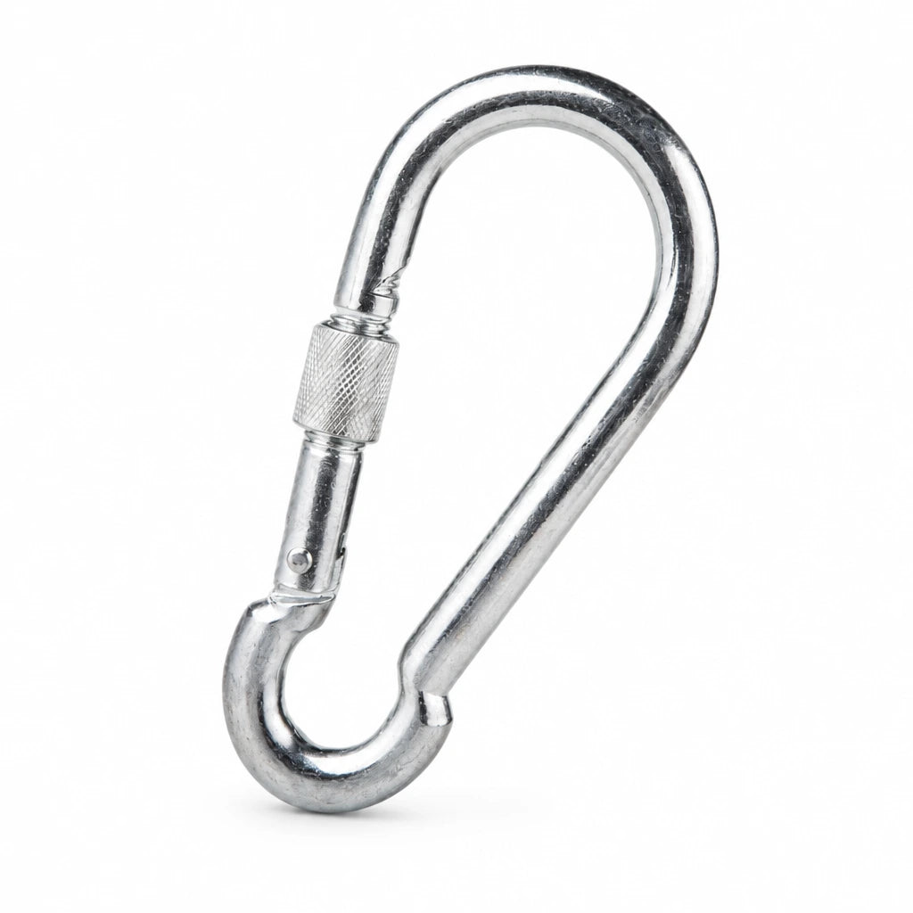 Atlas galvanised steel screw-lock snap hook with knurled locking sleeve on a white background