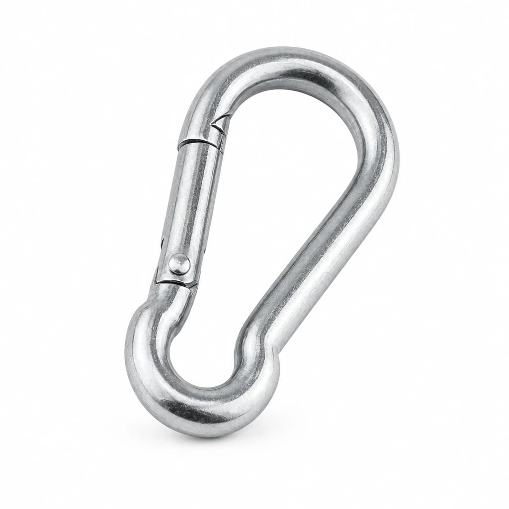 Atlas galvanised steel spring-gate snap hook isolated on a white background