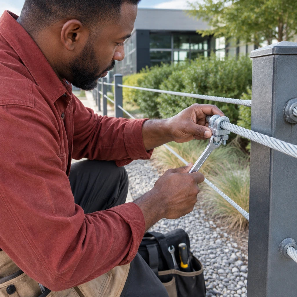 African American fencing technician tightening an Atlas galvanised wire rope clip on compatible rope at a fixed perimeter fence.