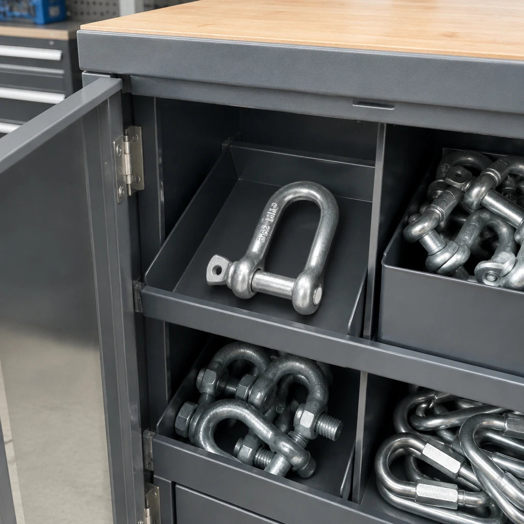 Atlas D shackle resting in an organised trailer-maintenance hardware cabinet