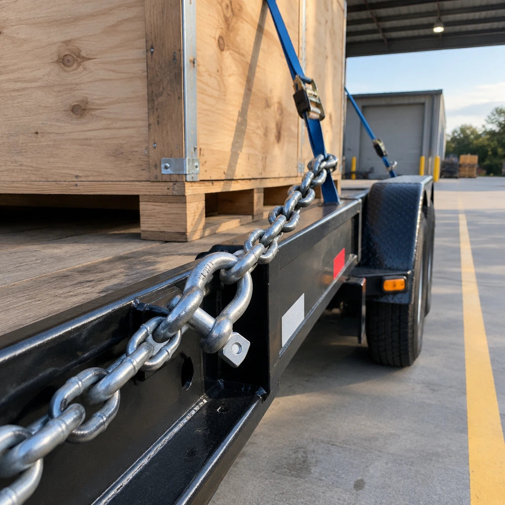 Completed trailer restraint showing an Atlas D shackle securing compatible chain to a tow-point eye