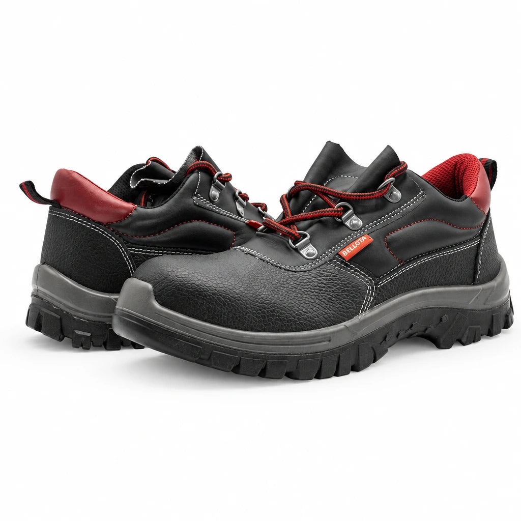 Bellota Classic S3 black low-cut safety shoe pair with red details on white background