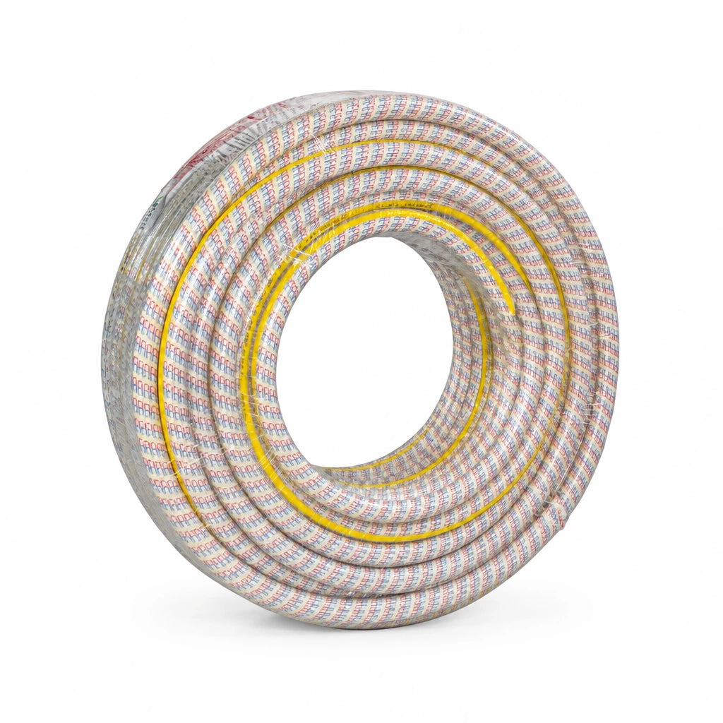 Coiled Berry 25m reinforced multicolour PVC garden hose with yellow stripe on a white background