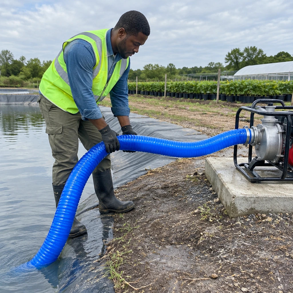 African American water-transfer technician routing a blue 2-inch PVC suction hose from a nursery reservoir to a compatible pump