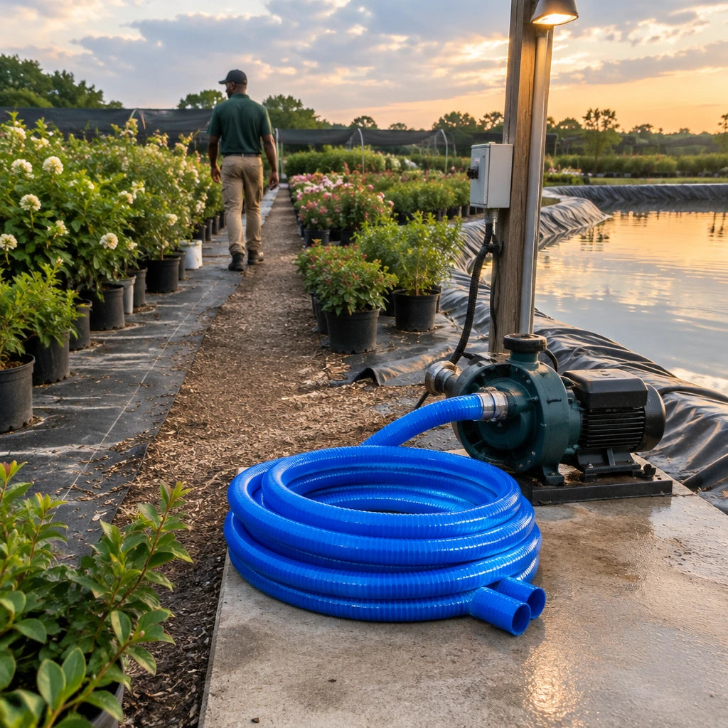 Blue PVC suction hose resting beside a pump after watering orderly commercial nursery plant rows