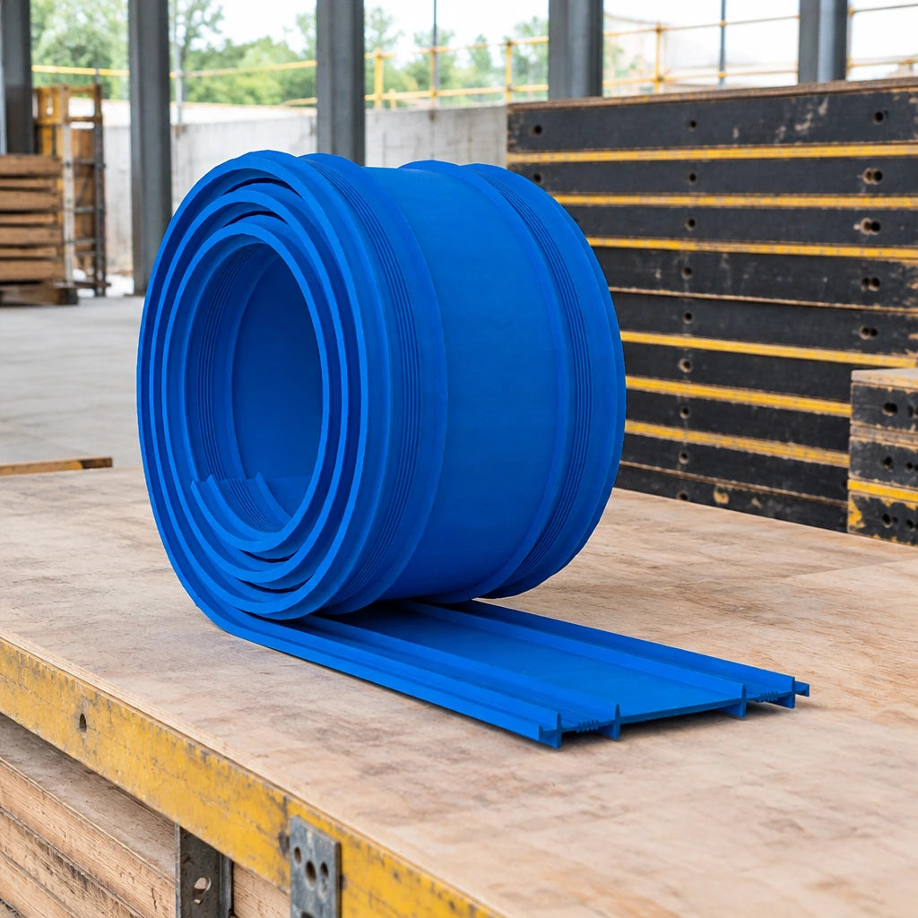 Blue Berry PVC waterstop roll stored beside formwork materials in a clean construction preparation area