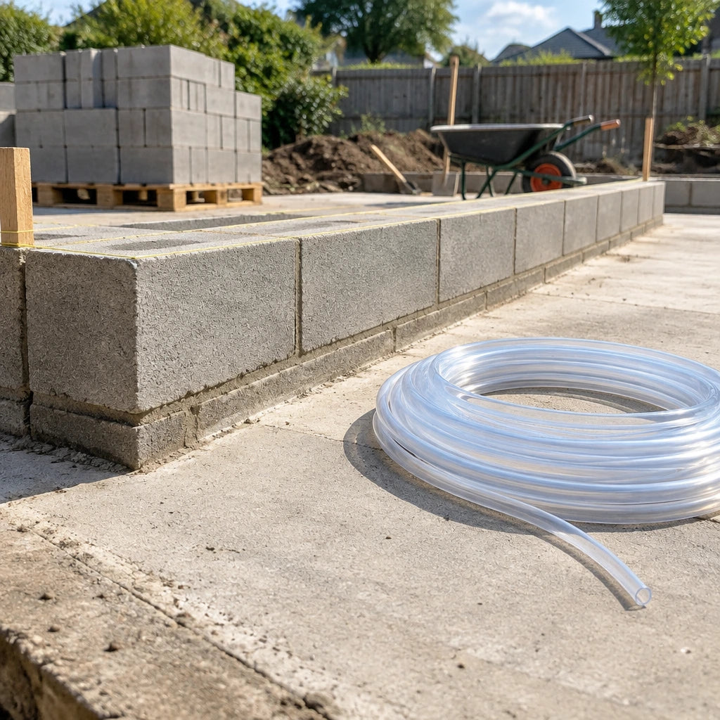 Level masonry foundation course completed with a transparent Berry PVC hose resting beside the construction layout