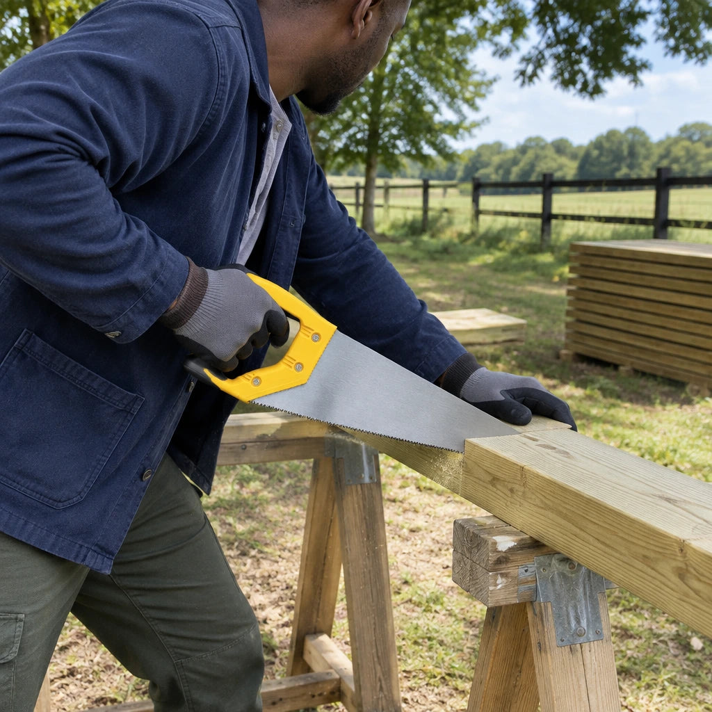 African American farm worker using a Bwin manual handsaw to cut a supported timber fence rail