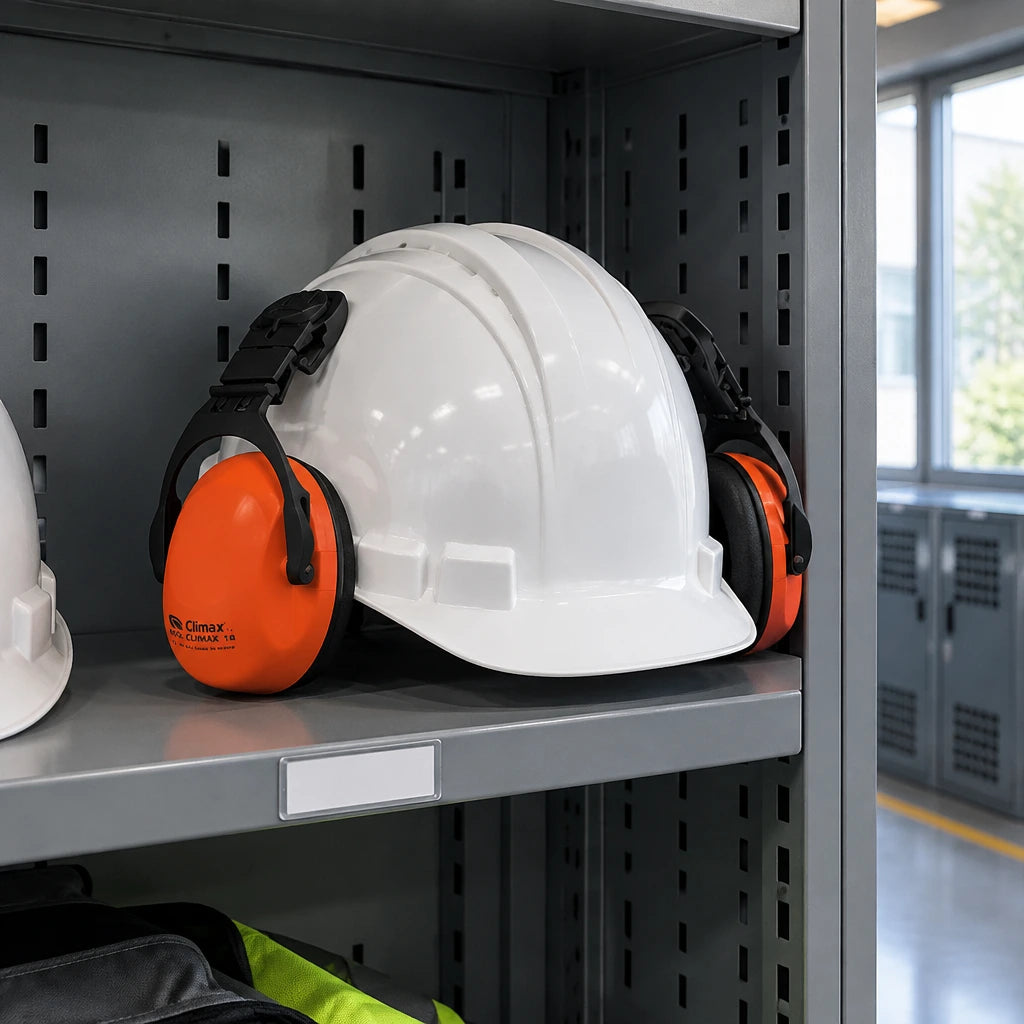 Climax 16-P orange helmet-mounted earmuff attached to a compatible safety helmet on an industrial PPE locker shelf
