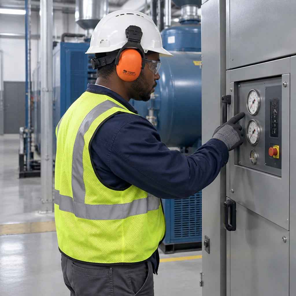 African American maintenance technician wearing Climax 16-P helmet-mounted earmuffs while checking plant-room equipment