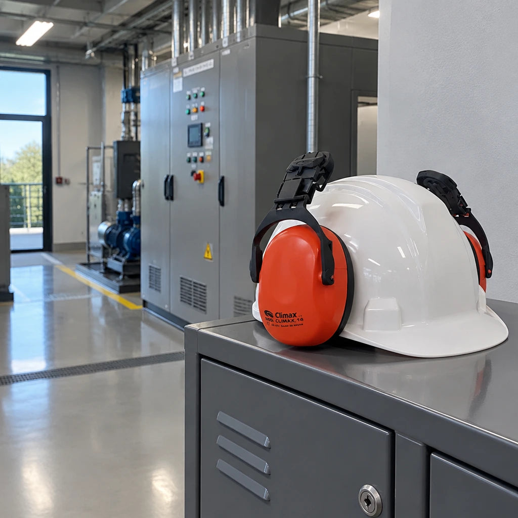 Completed plant-room maintenance area with Climax 16-P earmuff attached to a safety helmet on a PPE locker
