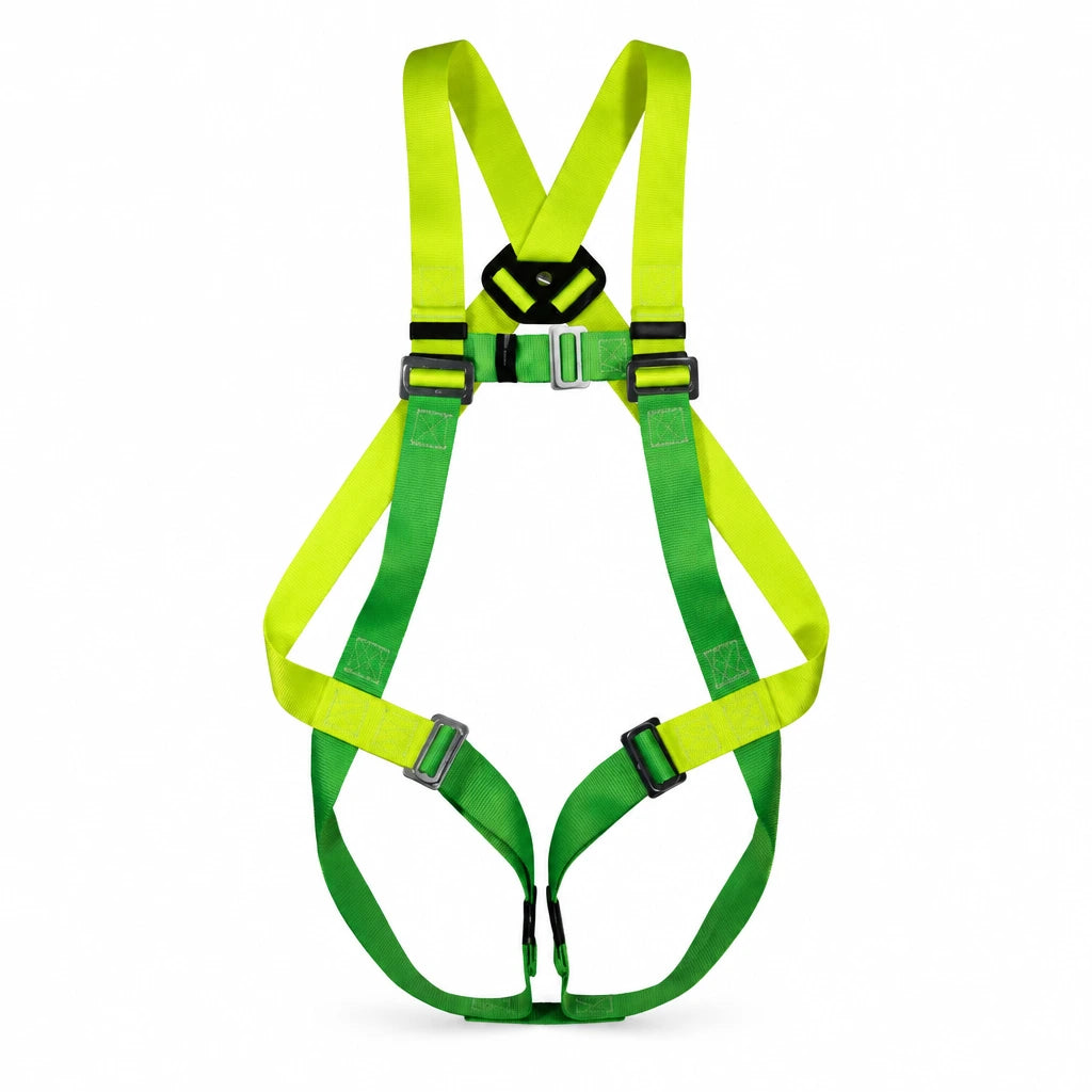 Climax 26-N full-body fall-arrest safety harness with green and yellow-green adjustable webbing on white background