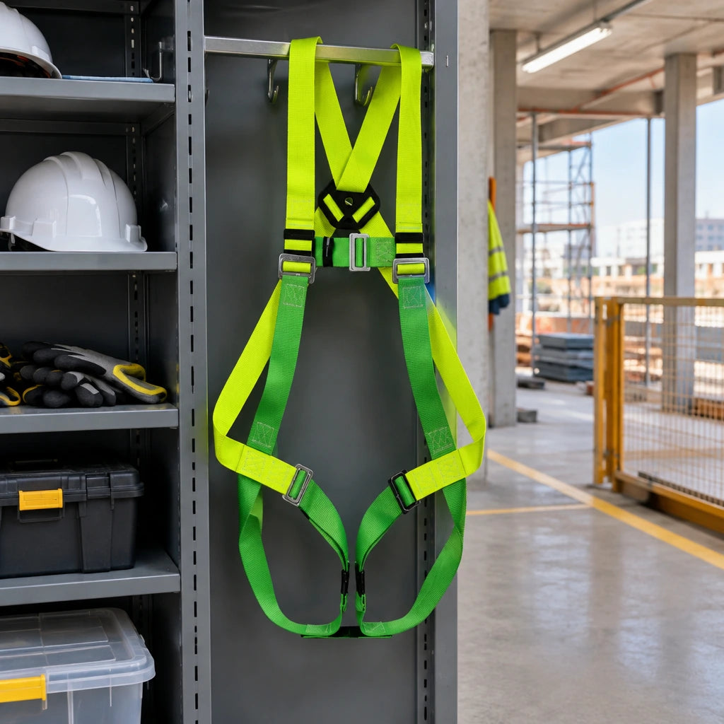 Climax 26-N fall-arrest harness stored on a PPE rack in an organised commercial construction access area
