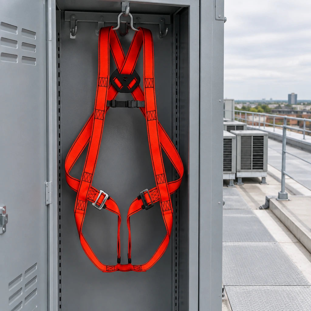 Red Climax CLI-28-N fall-arrest harness hanging at an organised commercial rooftop maintenance PPE station.