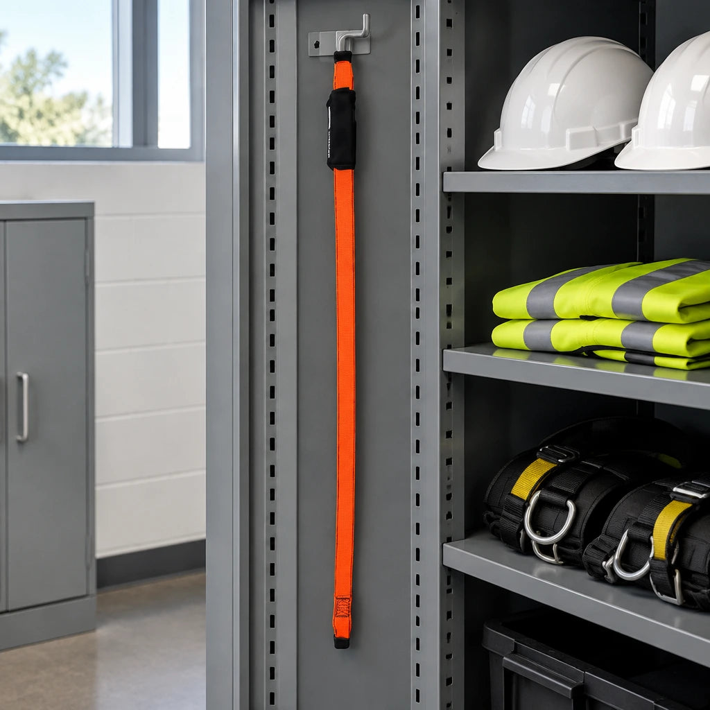 Climax orange fall-arrest lanyard stored on a dedicated hook in an organised commercial PPE equipment room