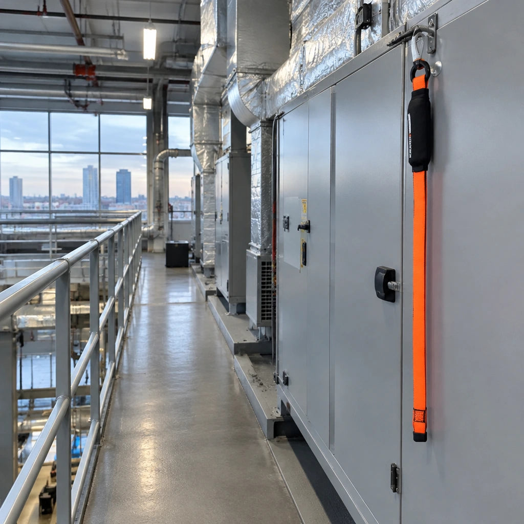 Completed commercial plant mezzanine inspection route with the Climax orange energy-absorbing lanyard returned to its PPE hook