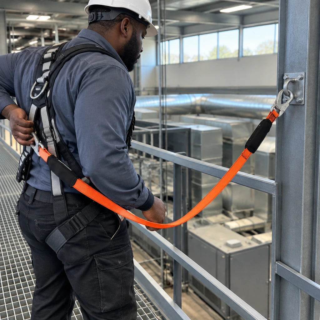 Qualified technician connects the Climax CLI-31-A-2X30 orange energy-absorbing lanyard between a fall-arrest harness and a fixed mezzanine anchorage