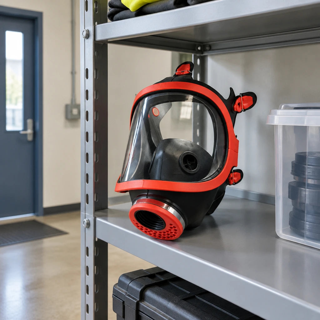 Climax CLI-731-C full-face respirator resting on an organised industrial PPE storage shelf