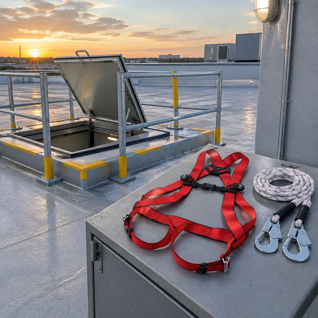 Completed commercial rooftop maintenance area with the red Climax Basic10 harness kit resting at a PPE station.