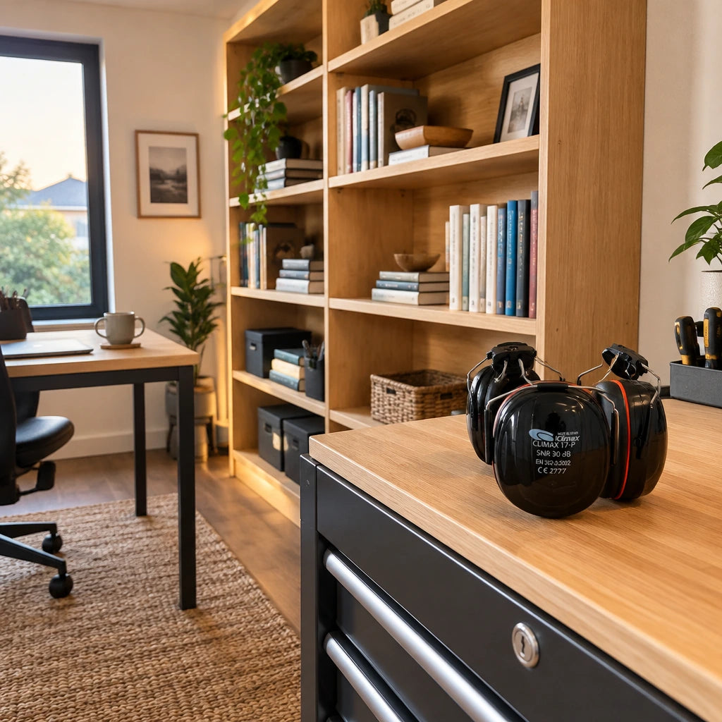 Finished timber shelving in a refined home office with the black Climax behind-the-neck safety earmuff resting on a nearby workbench.