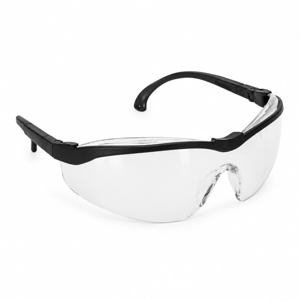 Climax CLI-595-I clear wraparound protective safety glasses with black temples on a white background