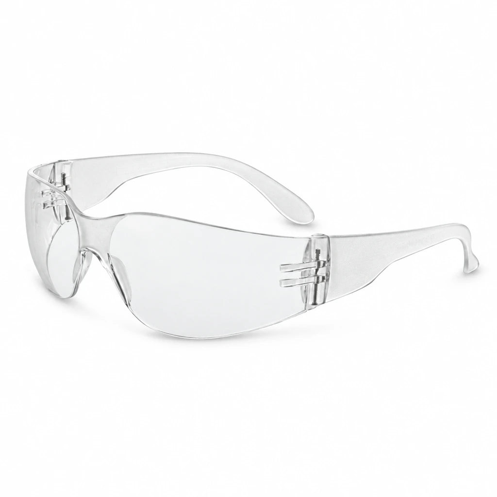 Climax CLI-590-I clear wraparound protective safety glasses with transparent frame on a white background