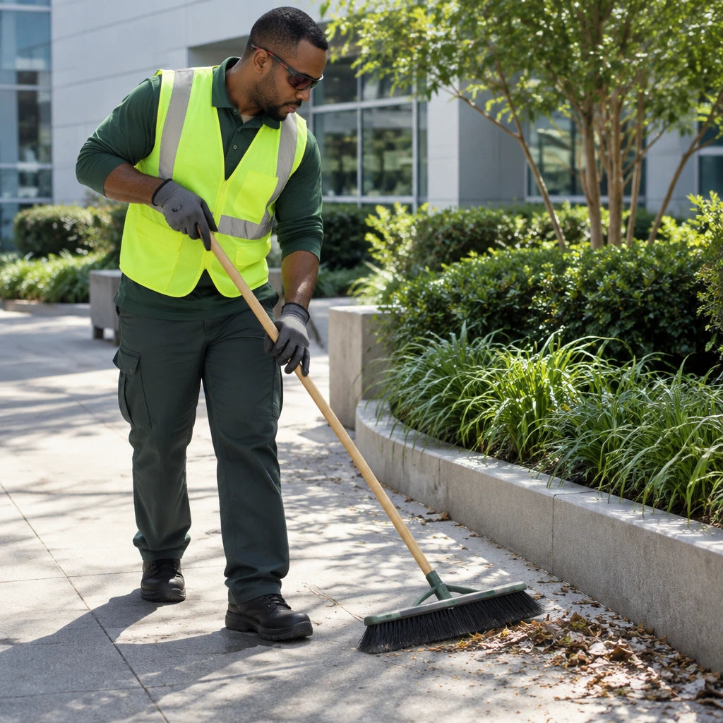 African American grounds worker wearing Climax CLI-597-G dark safety glasses while sweeping a sunny walkway