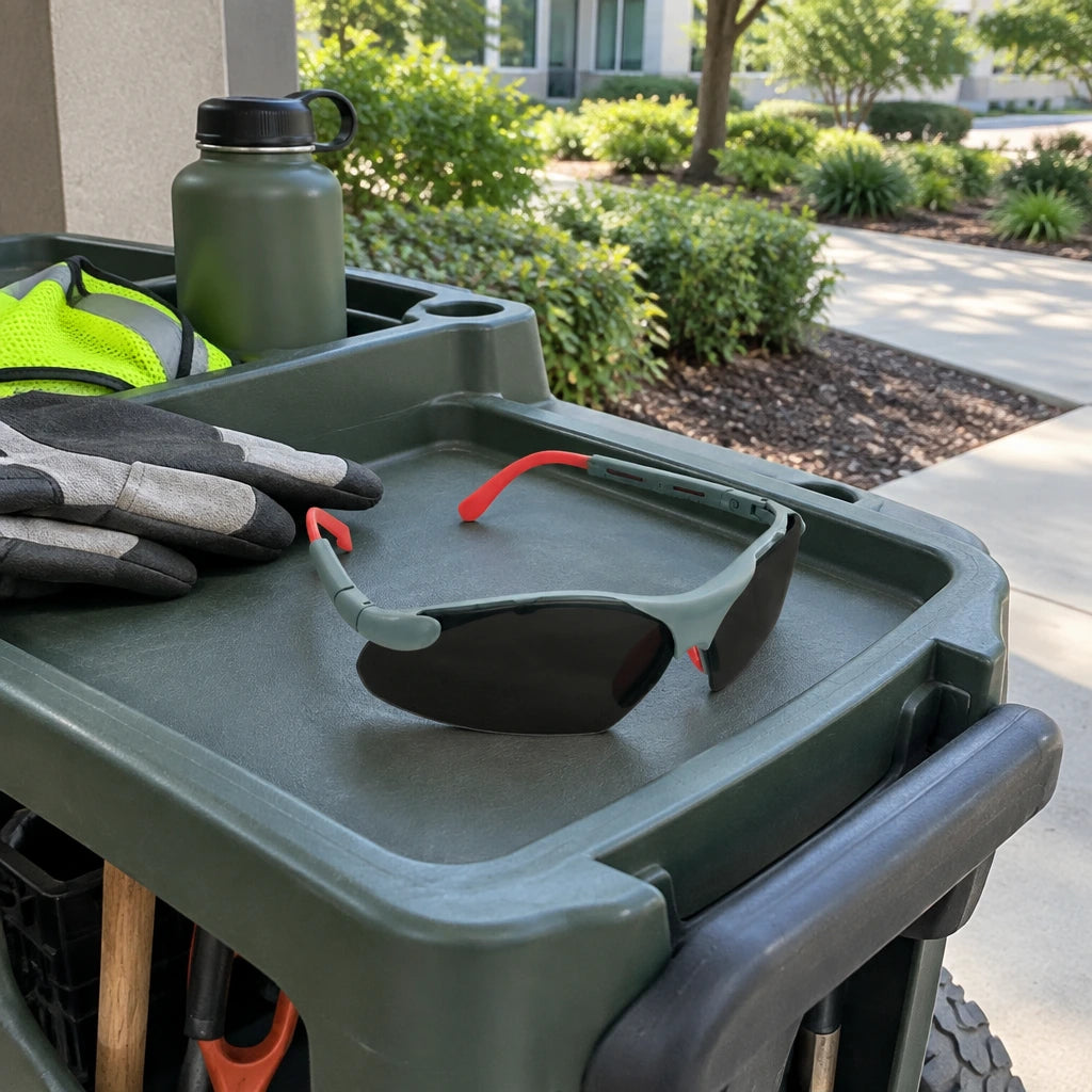 Climax CLI-597-G dark safety glasses resting in a grounds-maintenance cart before outdoor work
