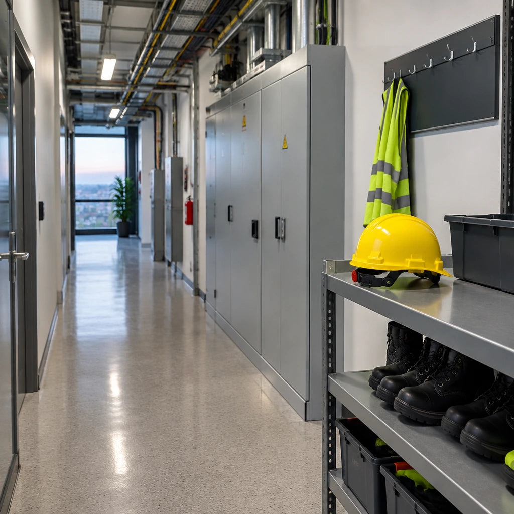 Yellow Climax 5-RG safety helmet resting at a PPE return shelf beside a completed commercial maintenance corridor.