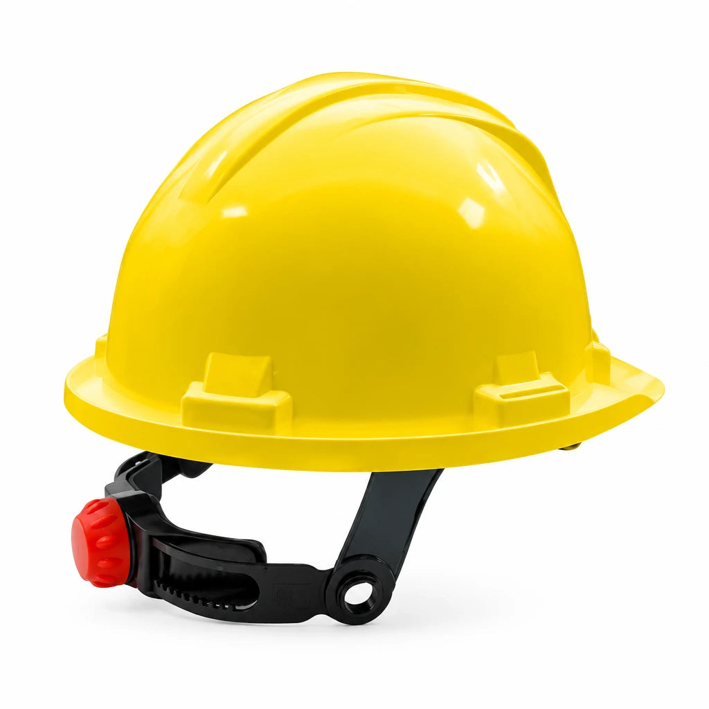Yellow Climax 5-RG HDPE safety helmet with black textile suspension and red rear ratchet on a white background.