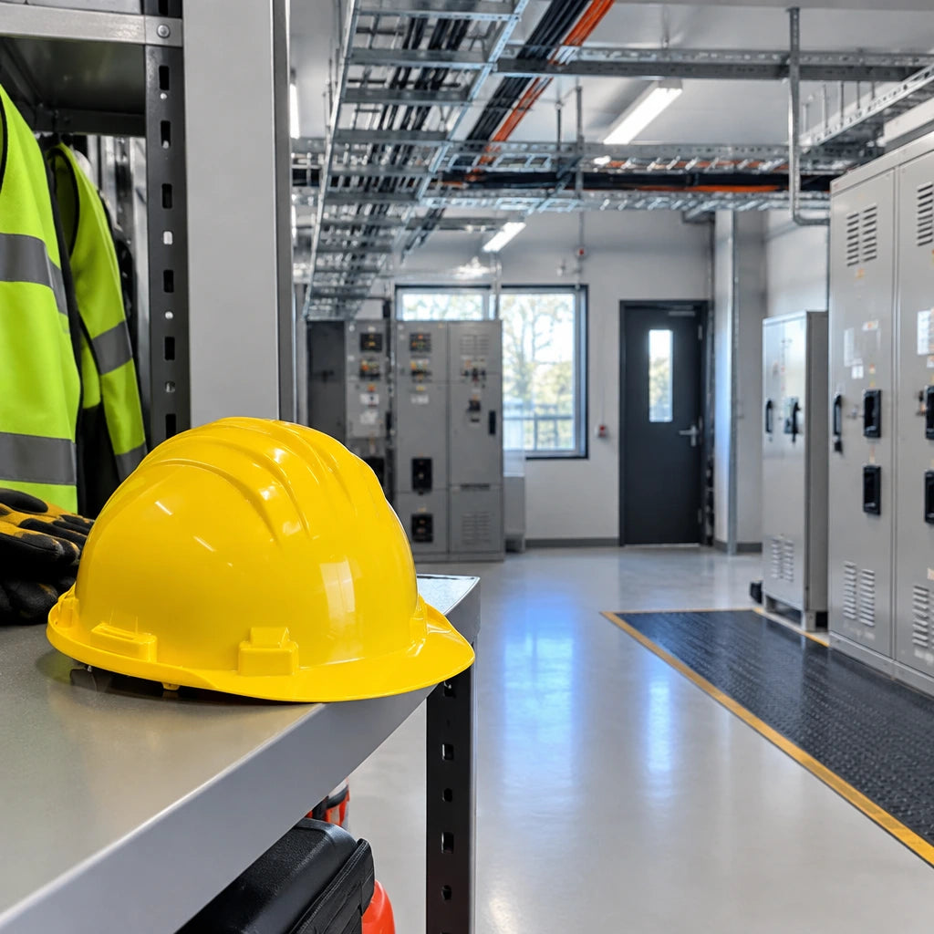 Completed commercial electrical service room with a yellow Climax 5-RS helmet resting at the PPE return shelf