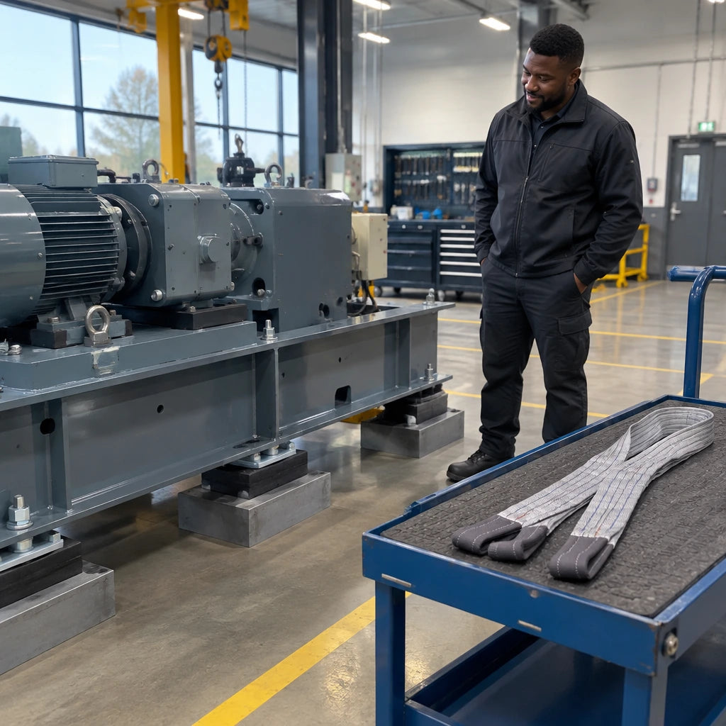 Completed machine base positioned in a plant bay with the grey Climax polyester lifting sling resting on a nearby rigging cart.