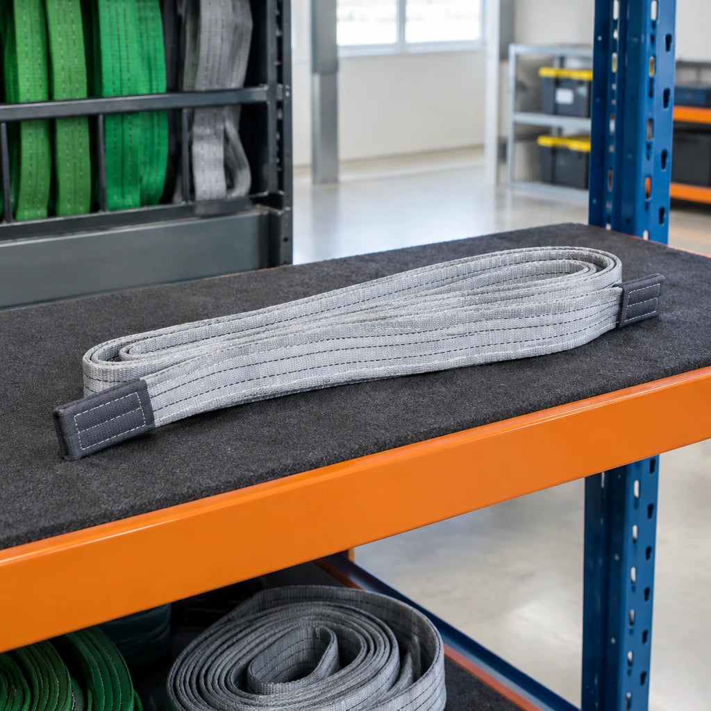 Grey Climax polyester lifting sling stored on a padded rack in an organised industrial equipment room.