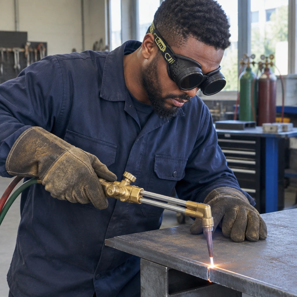 African American metal fabricator wearing Climax CLI-80 goggles while guiding a gas-cutting torch along a steel plate