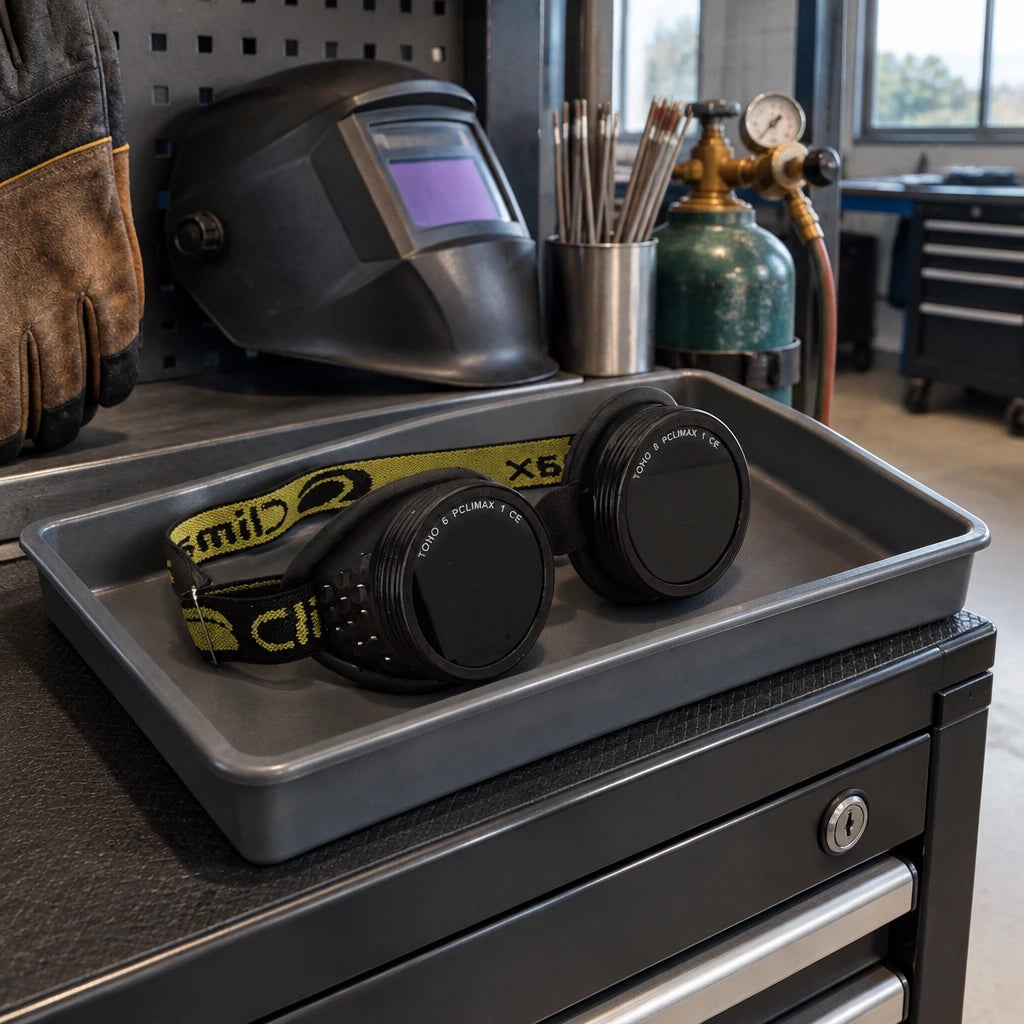 Climax CLI-80 welding goggles resting in a designated PPE compartment at an organised metalworking station