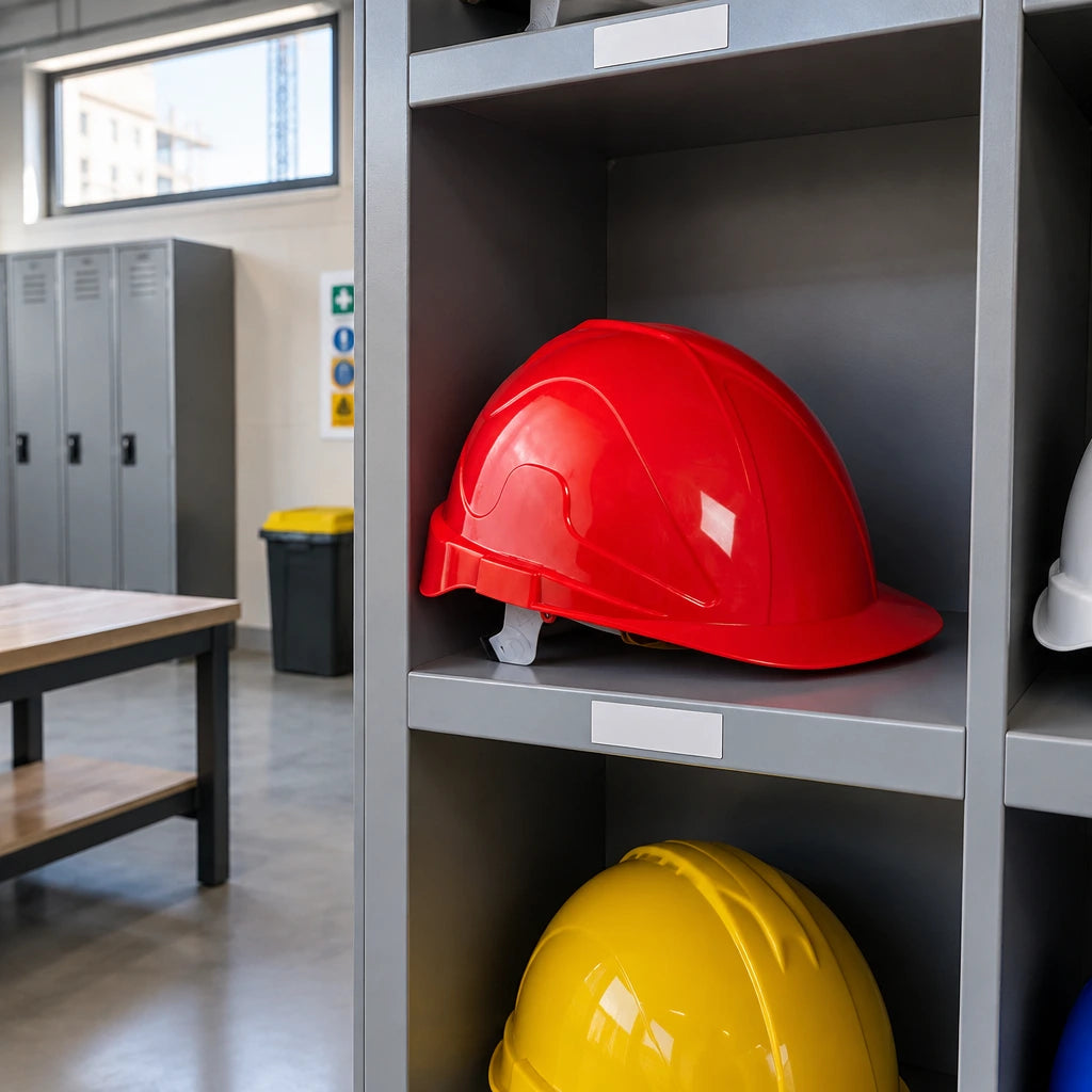 Climax Tirreno TXR safety helmet resting in an organised construction-site PPE storage room