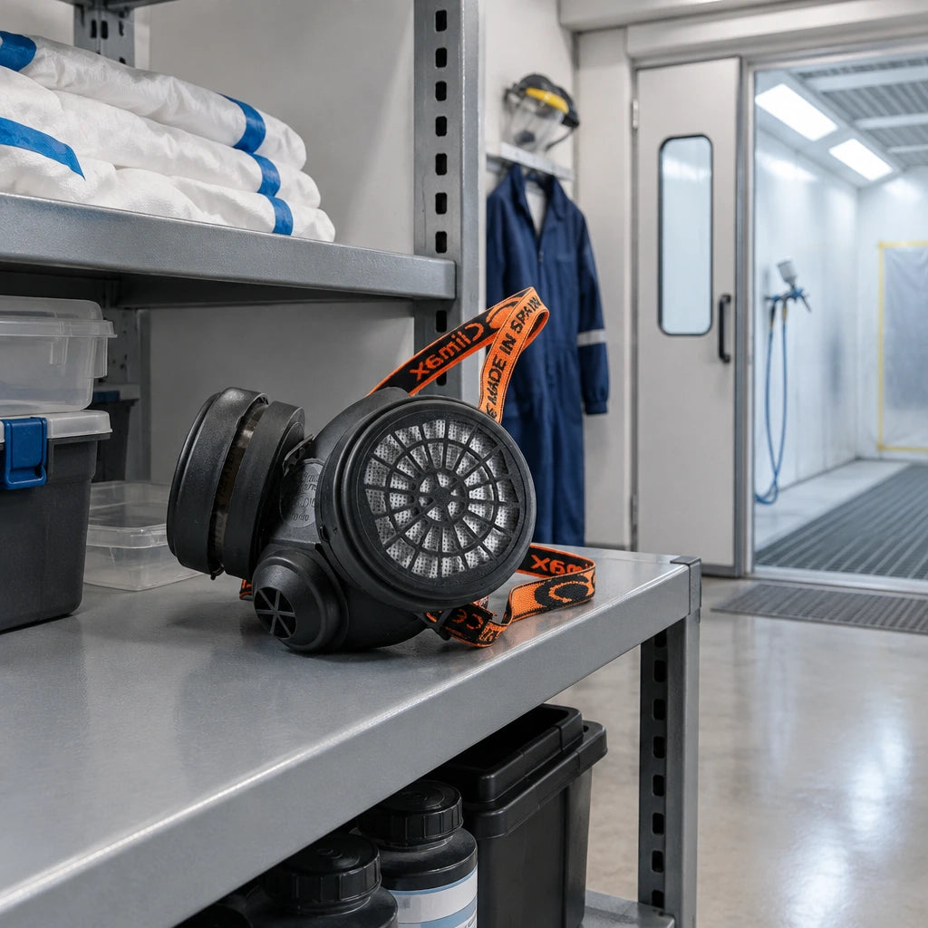 Climax CLI-755-A respirator resting on a clean PPE shelf in an industrial paint-preparation room