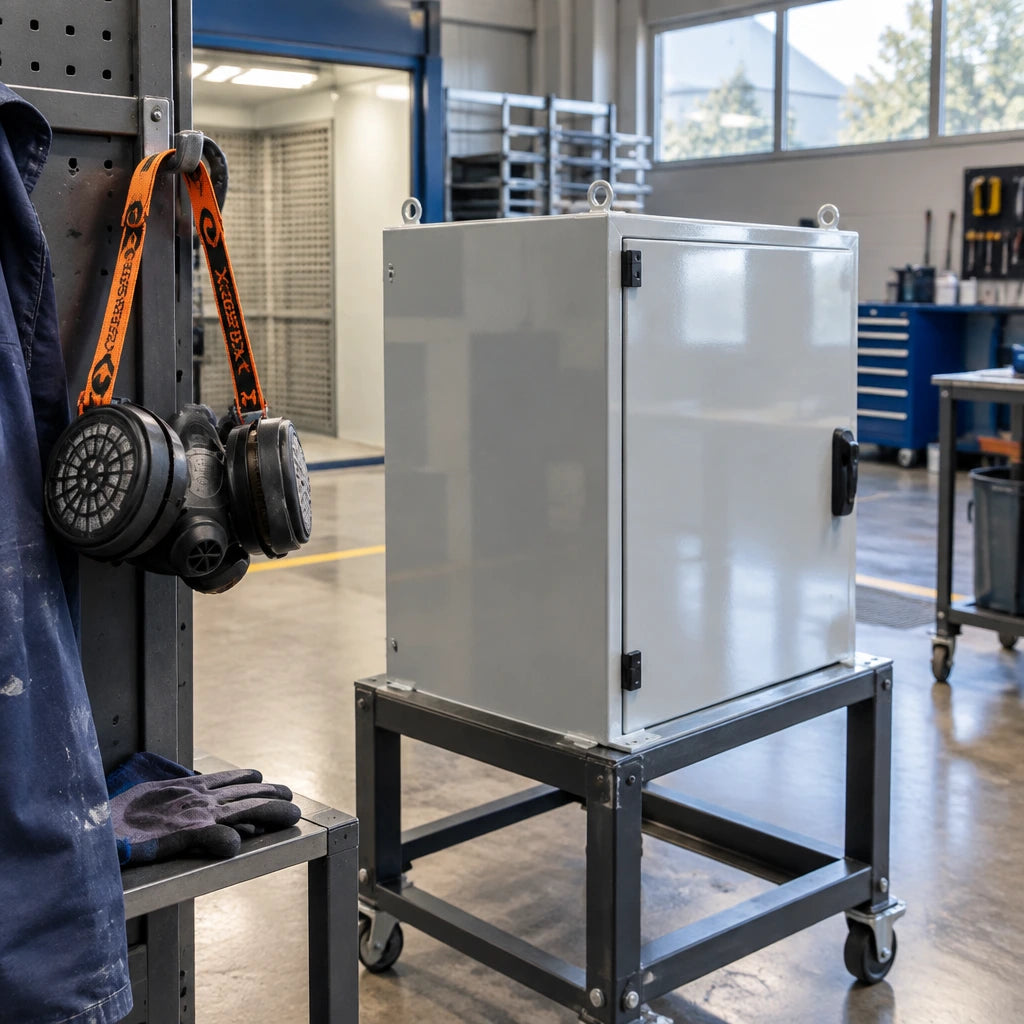 Finished coated metal enclosure ready for inspection with a Climax CLI-755-A respirator nearby