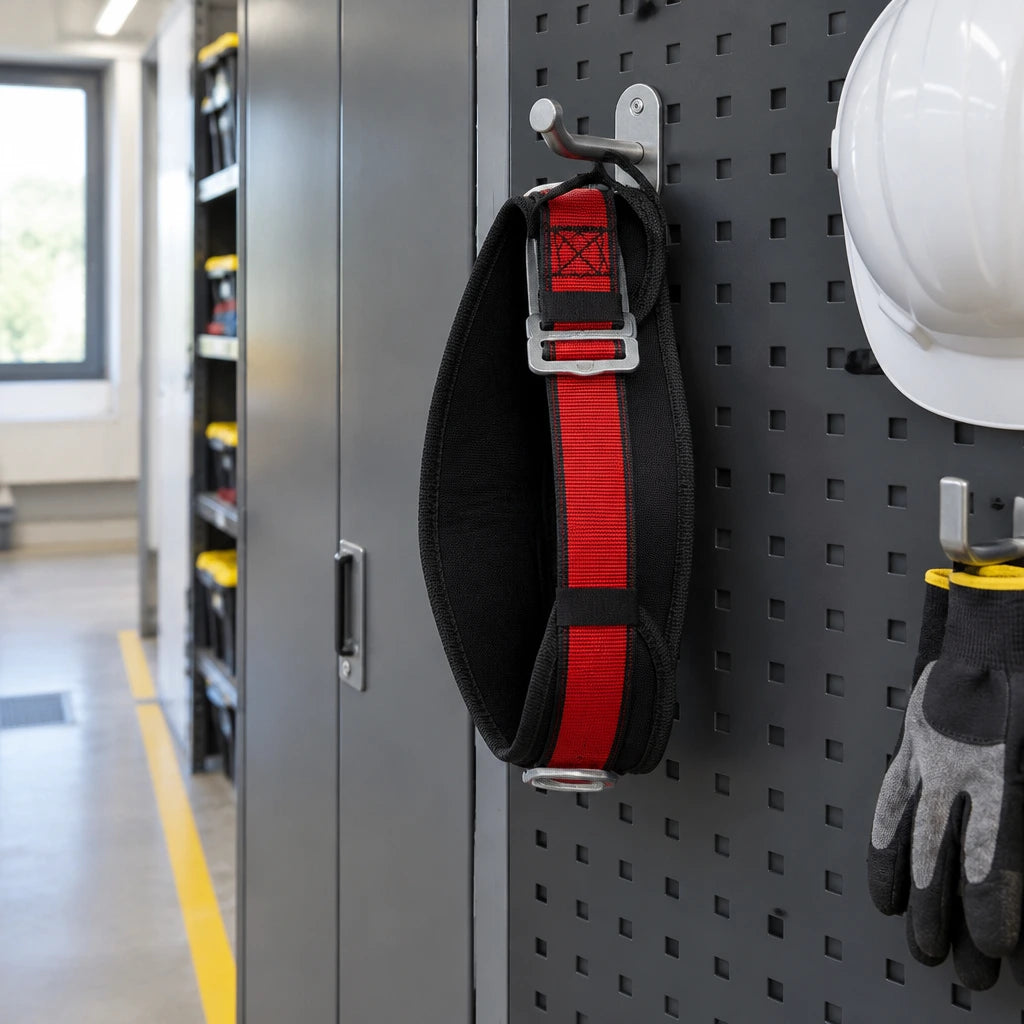 Climax CLI-25-CN work-positioning belt stored on a PPE hook in an organised commercial plant room
