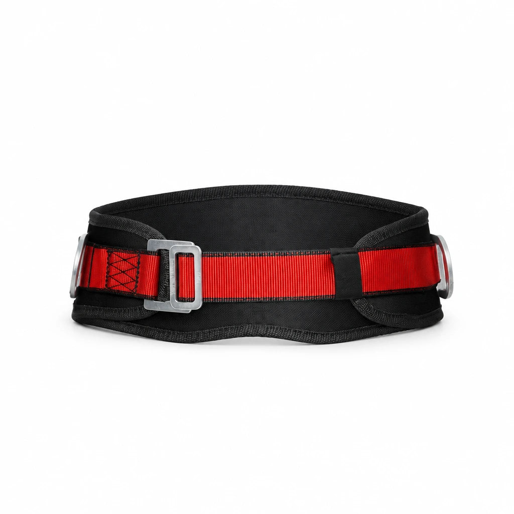 Climax CLI-25-CN/2 black padded work-positioning safety belt with red adjustable webbing on a white background