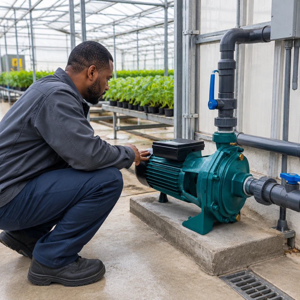 African American irrigation technician monitoring a Comet two-stage water pump supplying clean water to greenhouse lines
