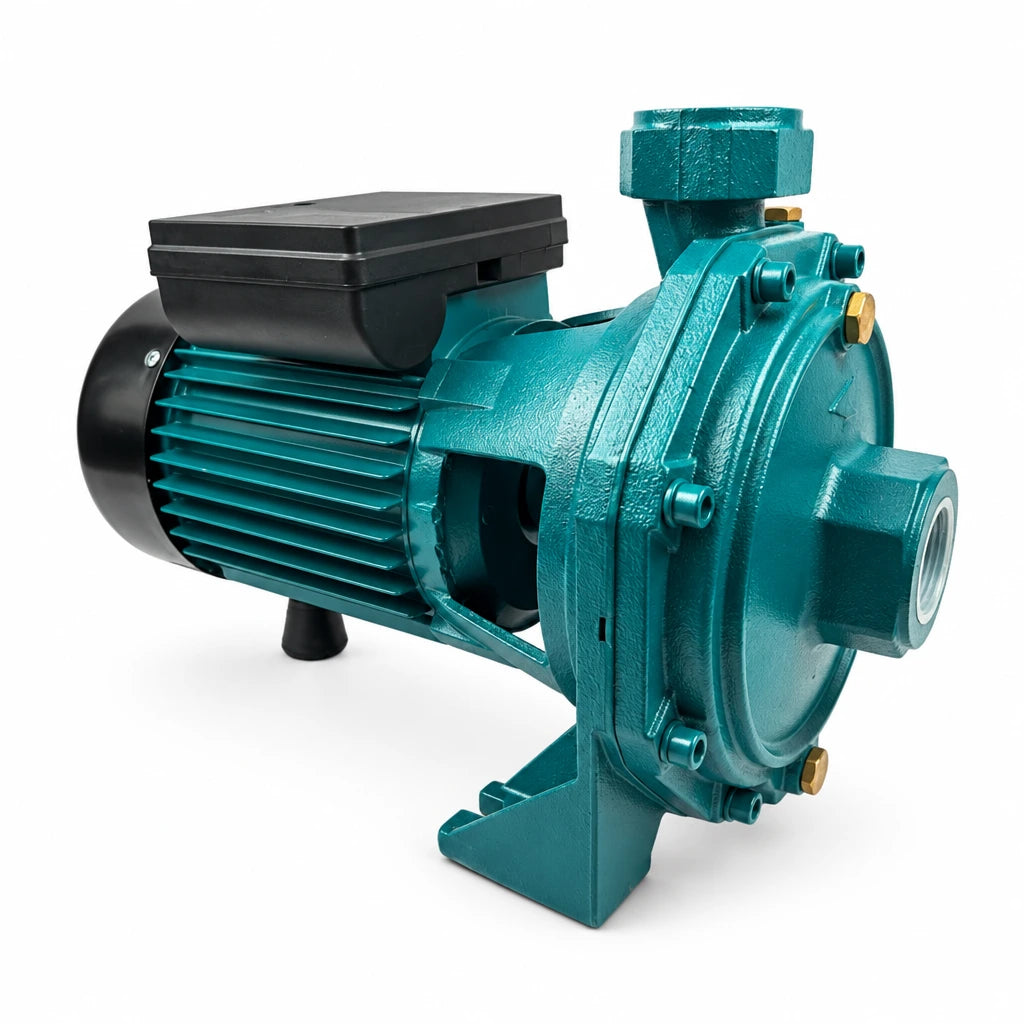Comet CO-2MCP160/160 teal two-stage centrifugal water pump with black motor cover on a white background