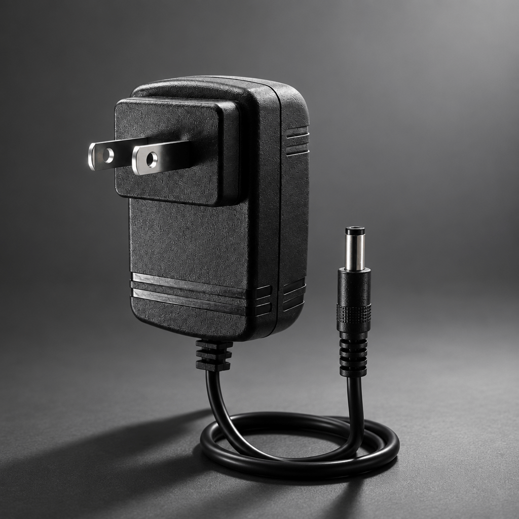 Black power adapter with flat plug blades on a cinematic grey background