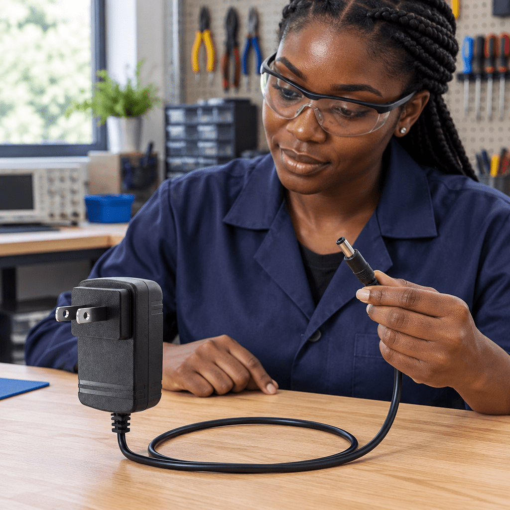 Black technician inspecting the two-pin adapter with its bottom-connected cable visible