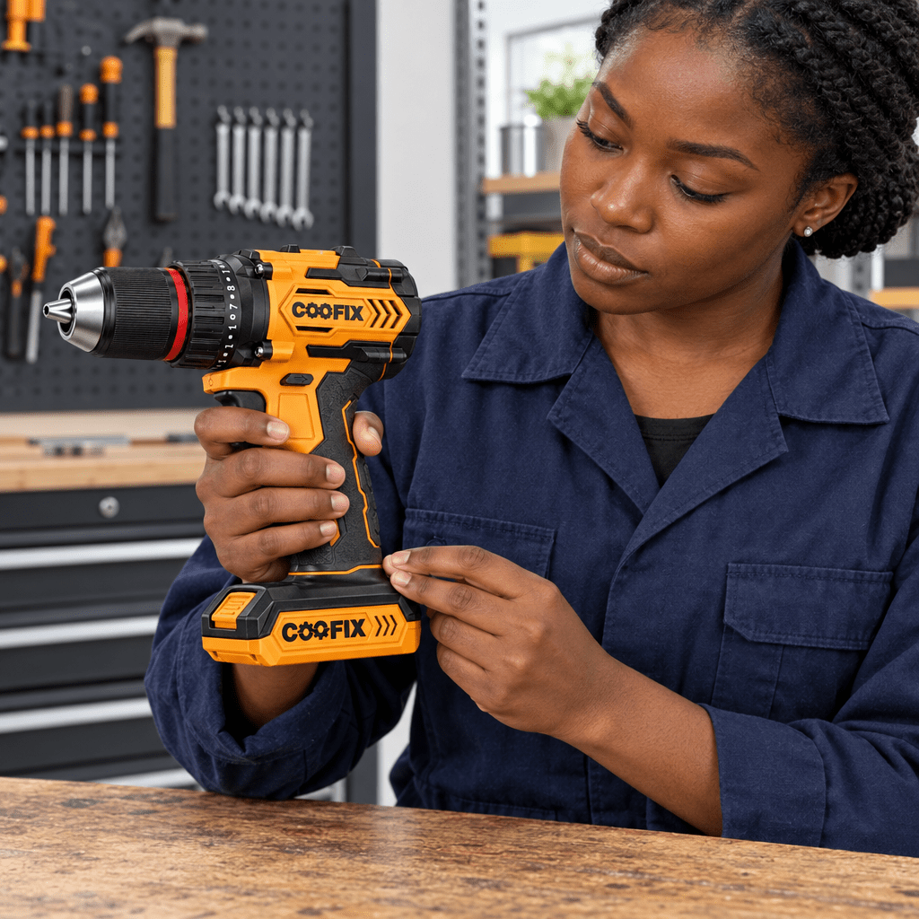 Black technician checking a Coofix battery seated under a cordless drill grip