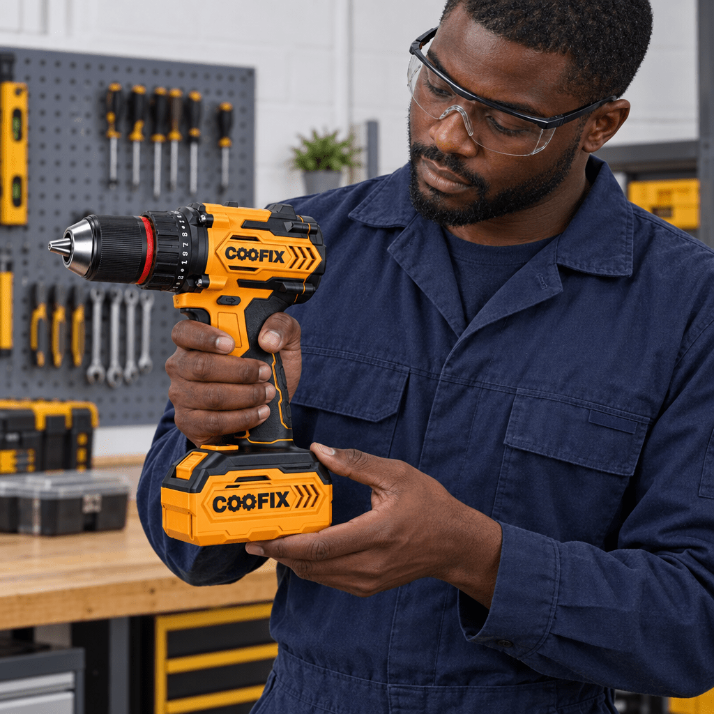 Black technician checking the Coofix battery beneath a cordless drill